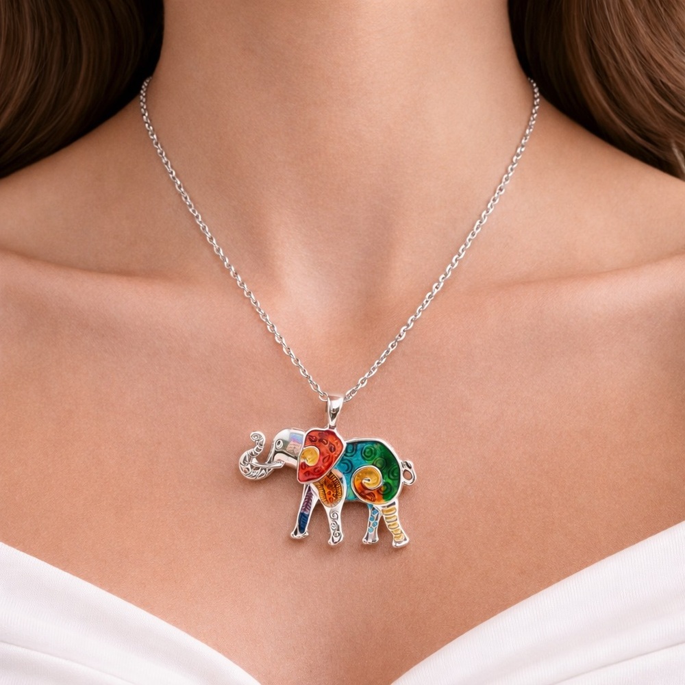 Helping Animals at Risk Multicolor Enamel Elephant Pendant Necklace